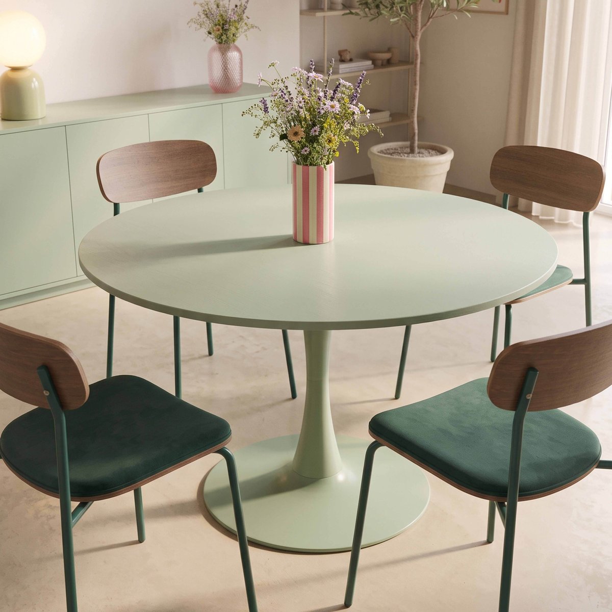 Table à manger ronde unie 4 personnes 100 cm, FANCY vert, OVIALA