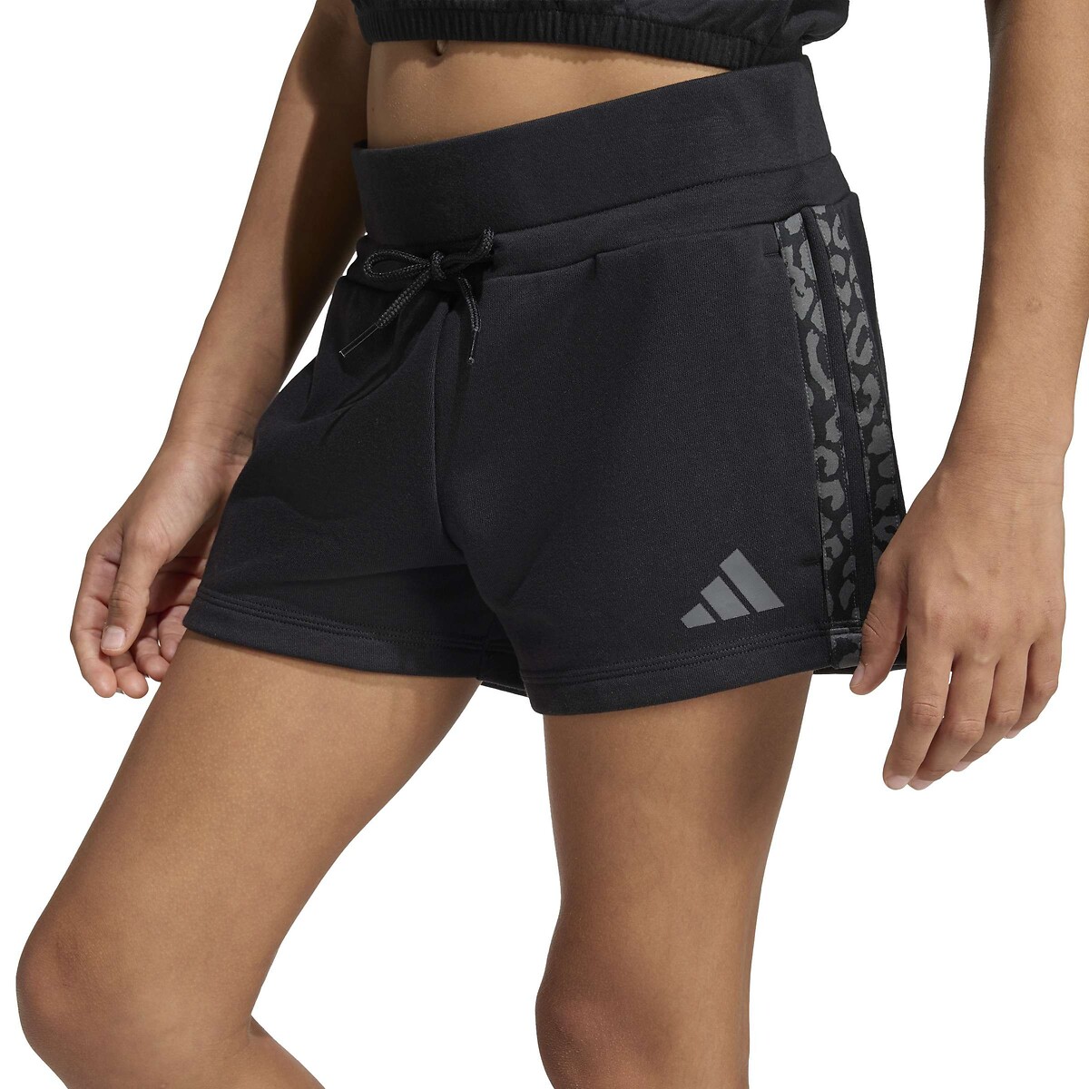 Pantaloncini in tessuto felpato leggero, 3 bande motivo leopardato nero , ADIDAS SPORTSWEAR