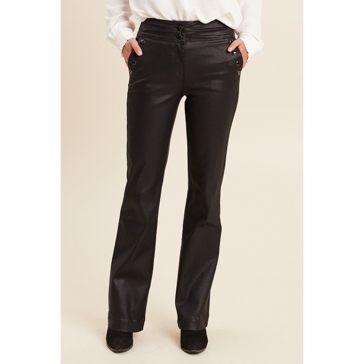 Pantalon bootcut enduit taille haute noir, BREAL