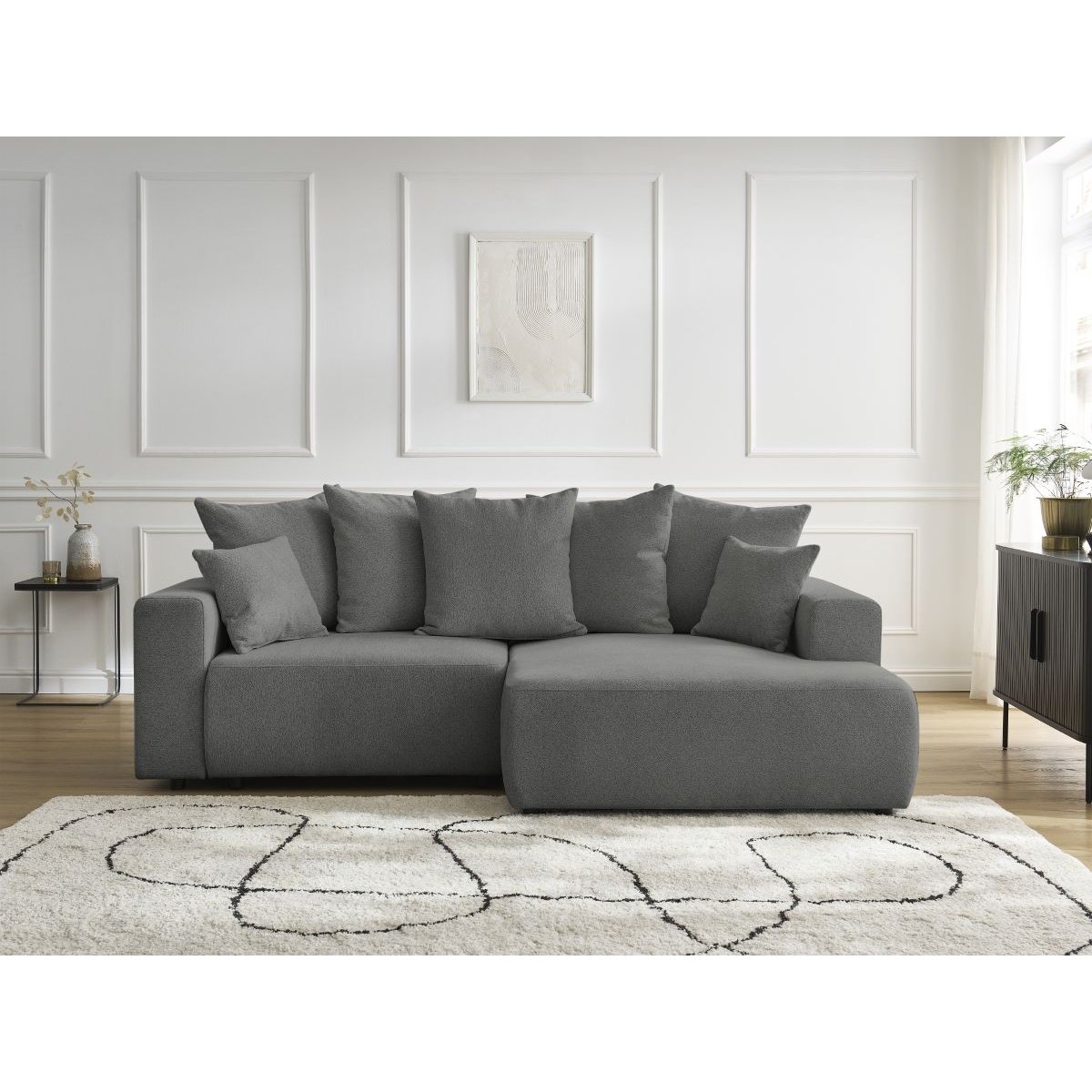 Canapé d'angle convertible 3 places en tissu chiné, ATILLA gris foncé, BOBOCHIC