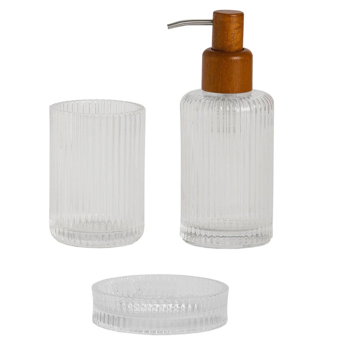 Distributeur de savon en verre strié et acacia 7x7x18cm transparent, WADIGA