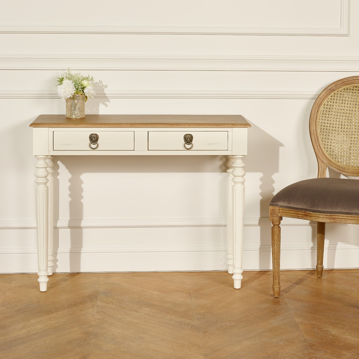 Console style shabby chic, plateau en chêne, 2 tiroirs ANGLOIS blanc, ROBIN DES BOIS