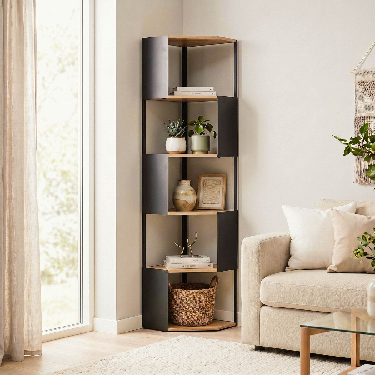 Etagère d'angle 5 niveaux EKLO bois clair, CALICOSY