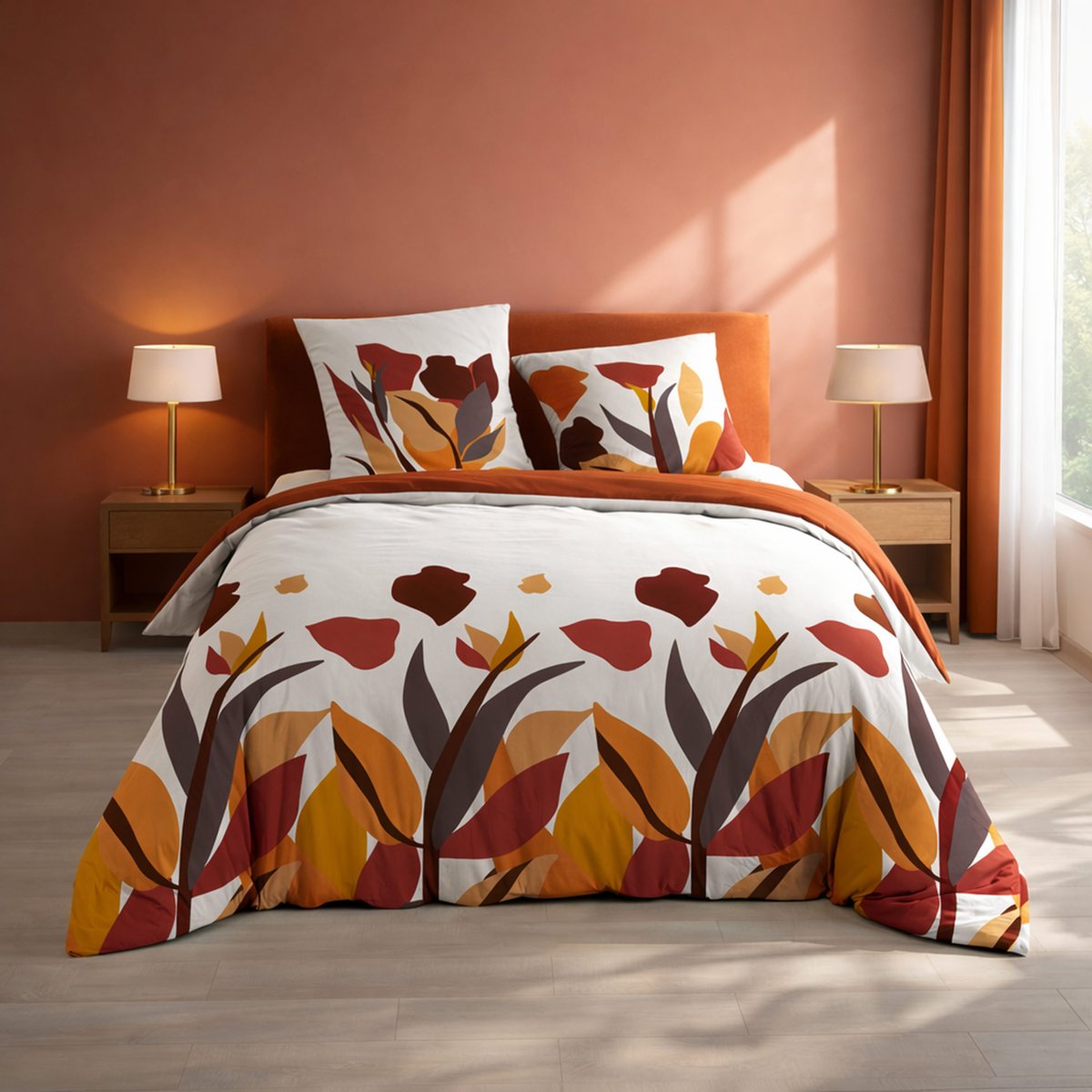 Parure de lit 3 pièces 100 % coton imprimé à motif floral housse + taies rouge, DOUCEUR D'INTÉRIEUR
