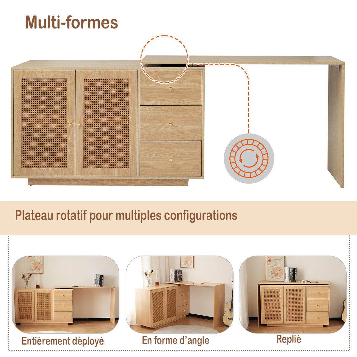 Ensemble de bureau d’angle rotatif avec portes rotin et chaise de bureau, DICCPERNTHOMASINACORD rouge, MEUBLES COSY