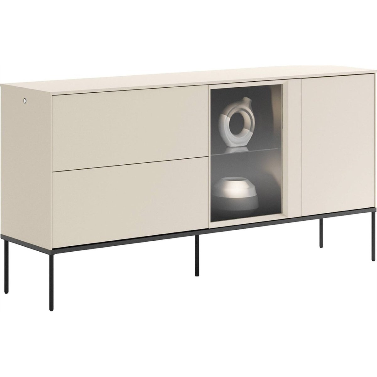 Buffet bas bois collection BELLEZO vitrine LED crème mat et noir, RECOLLECTION