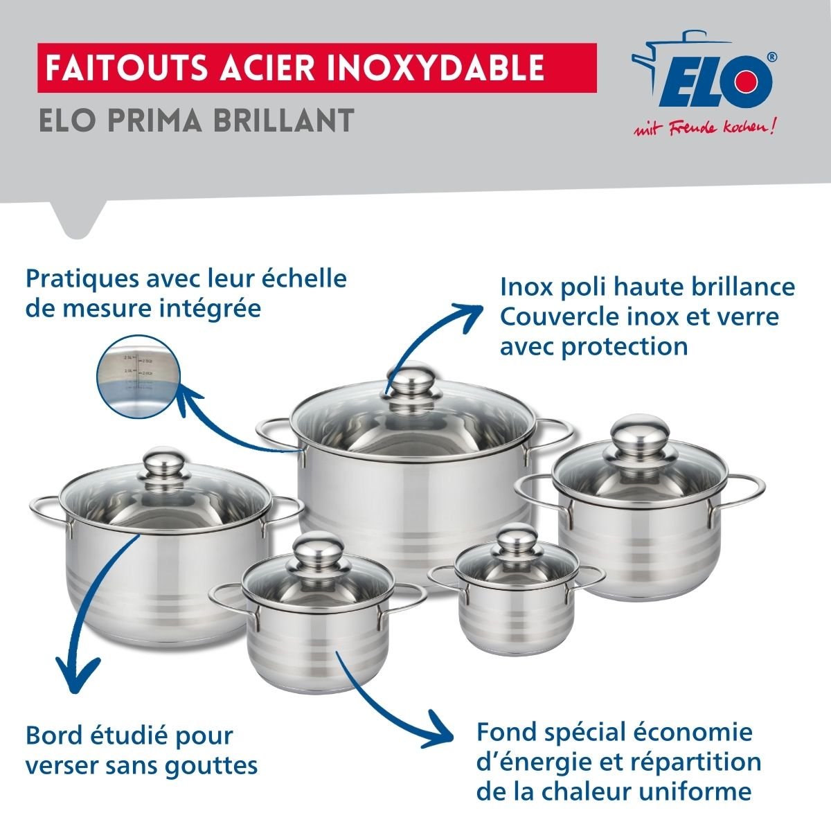 3 poêles 24/28/32cm + 5 faitouts 12/14/16/20/24cm PROFI BRILLANT gris, ELO