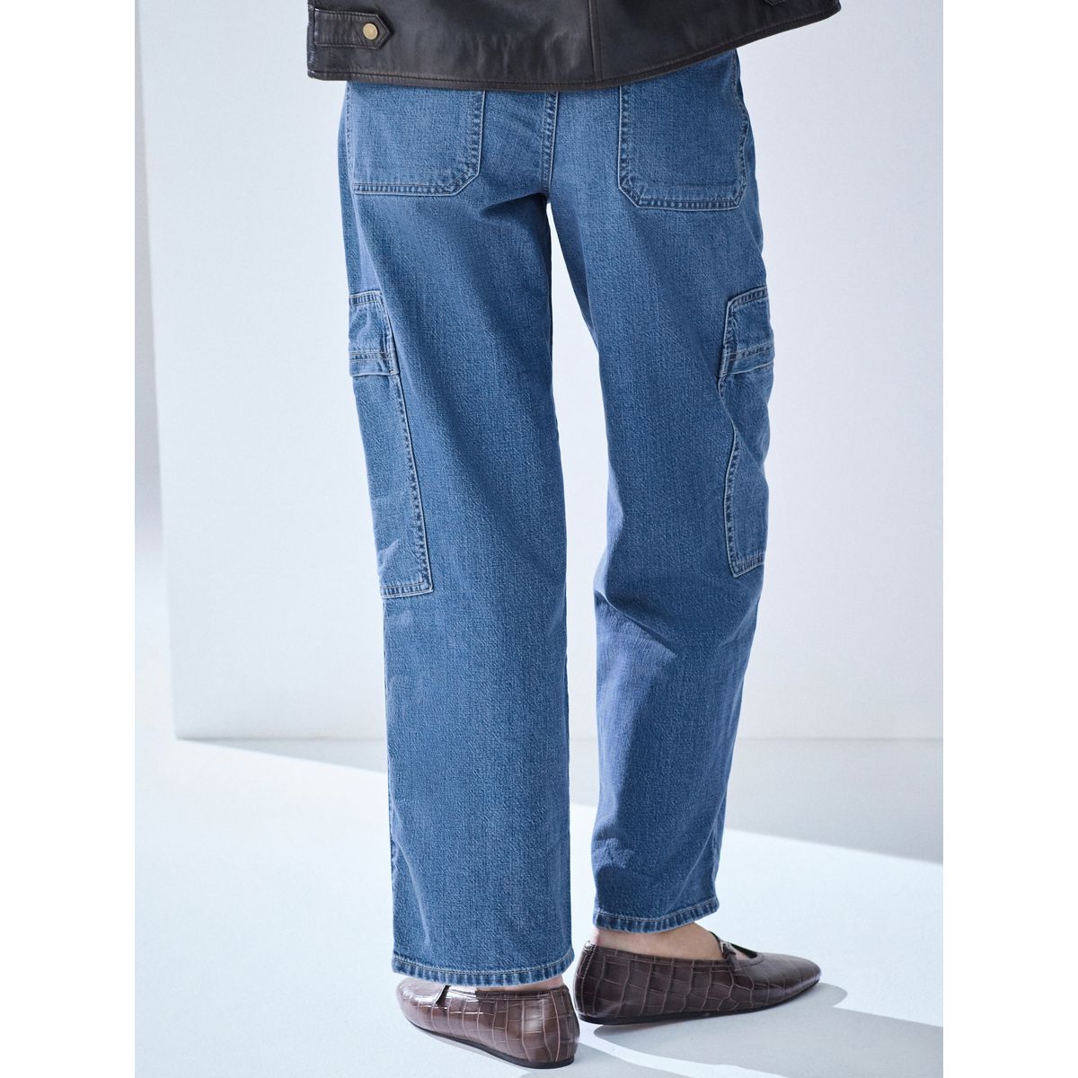 Jean court large style militaire bleu moyen, NEXT