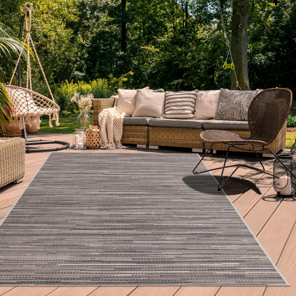 Tapis extérieur tissé kilim rectangle LYN45 SUNSAU beige, marron, gris, UN AMOUR DE TAPIS