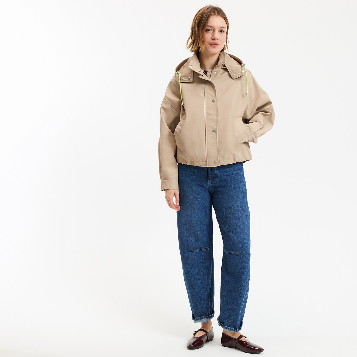 Blouson court, capuche amovible, fermeture zippée, mi-saison beige, LA REDOUTE COLLECTIONS