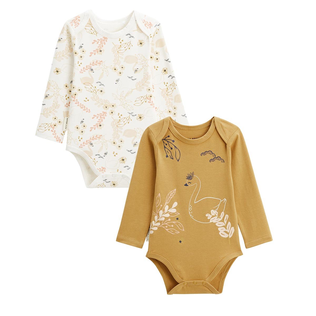 Lot de 2 bodies bébé manches longues Swan ocre, PETIT BEGUIN