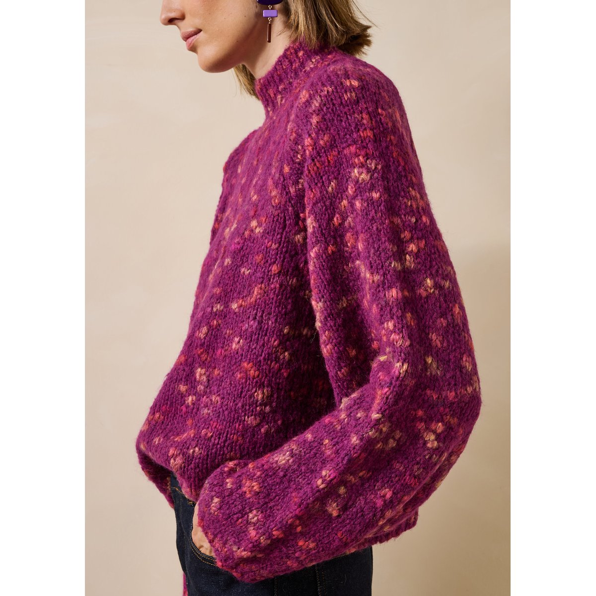 Pull moucheté manches longues col montant purple velvet, LA FEE MARABOUTEE