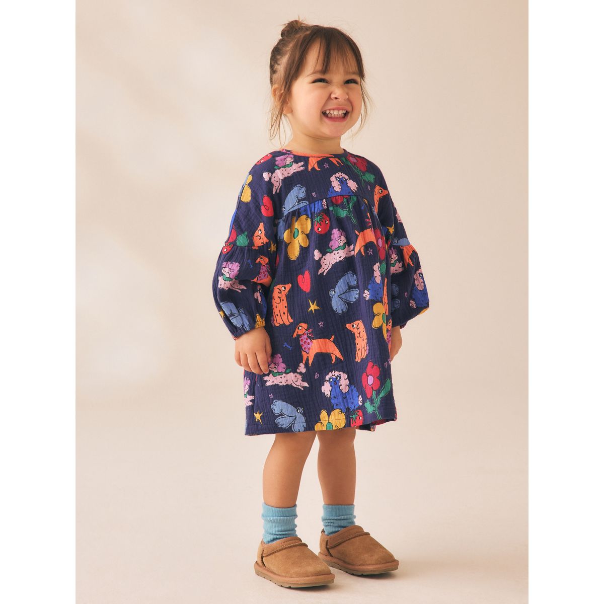 Robe imprimée à manches longues imprimé chien bleu marine, NEXT