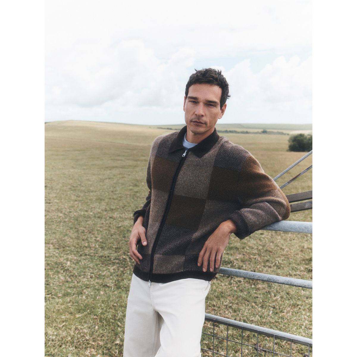 Veste en maille confortable à motif patchwork marron, NEXT