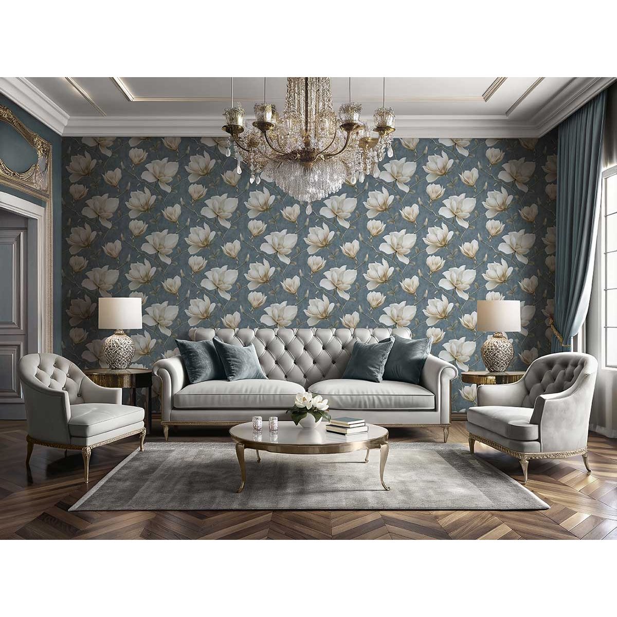 Papier peint magnolia blanc crème fond bleu ardoise bleu, HEXOA