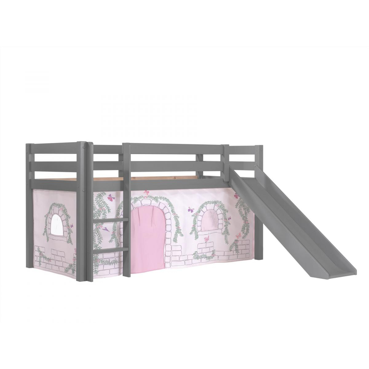 Lit Enfant Surélevé Avec Toboggan Pino 90x200cm Gris + Rideau de lit Birdy couleur unique, VIPACK