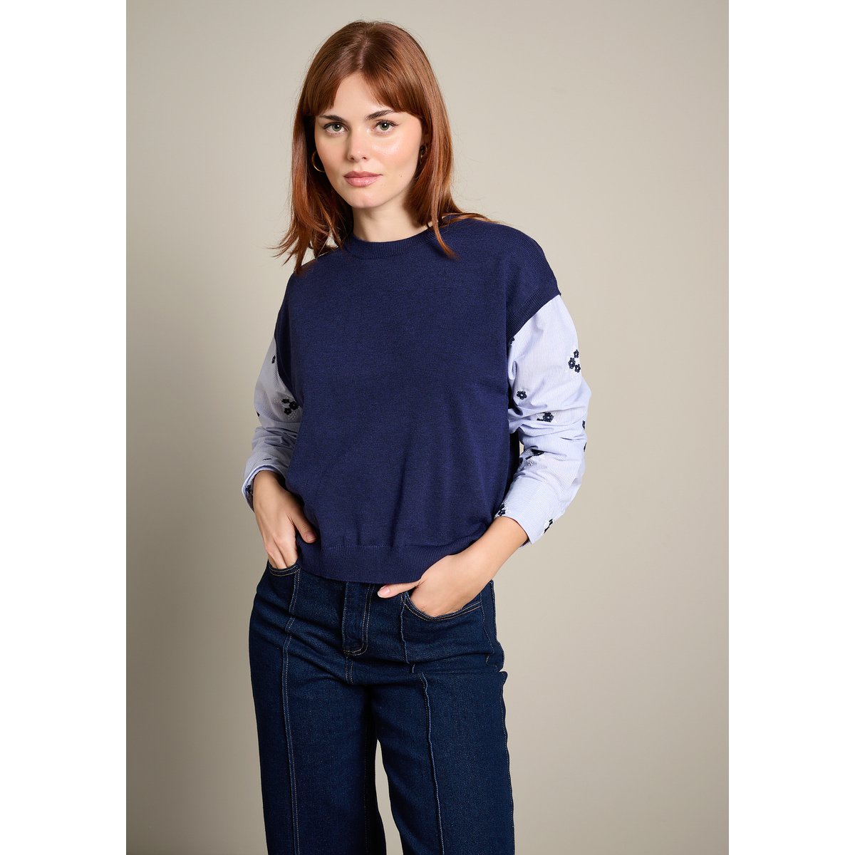 Pull à manches en popeline bleu marine, LOLALIZA