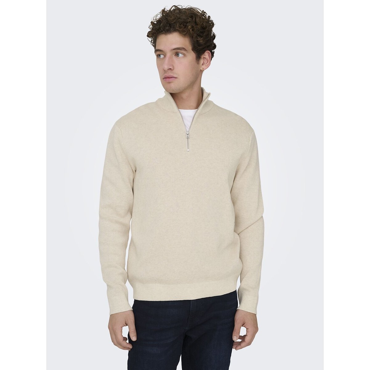 Pull col montant zippé, droit ecru, ONLY & SONS