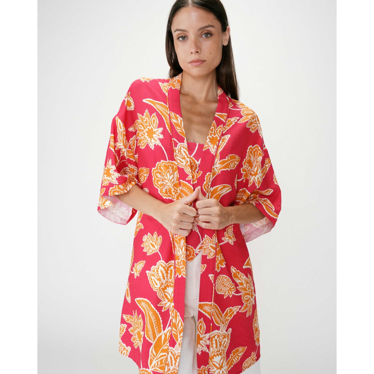 Kimono imprimé floral manches courtes fuchsia Wahana fuchsia, GRACE AND MILA