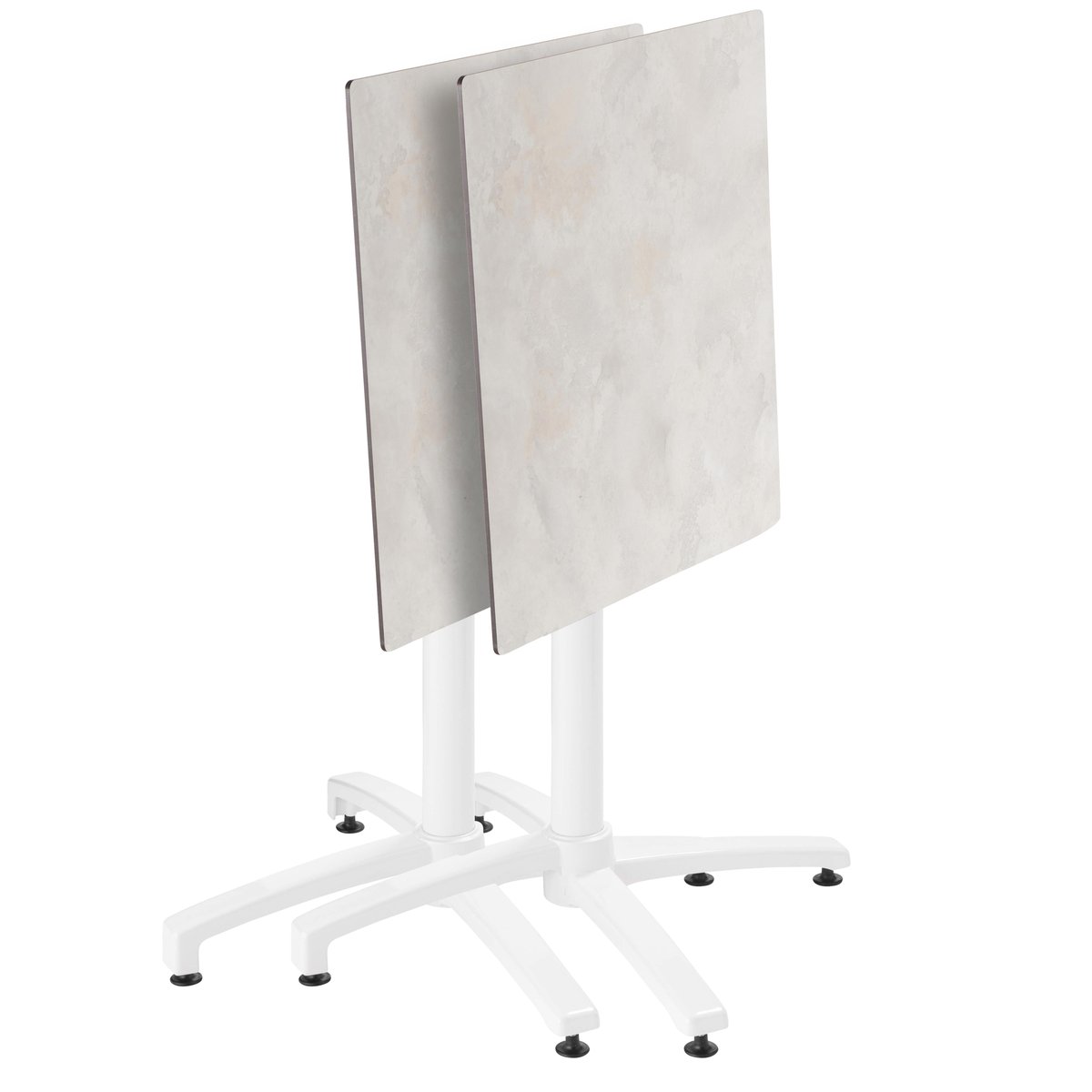 Table en HPL inclinable pied blanc et 2 chaises avec accoudoirs en métal bleu, OVIALA