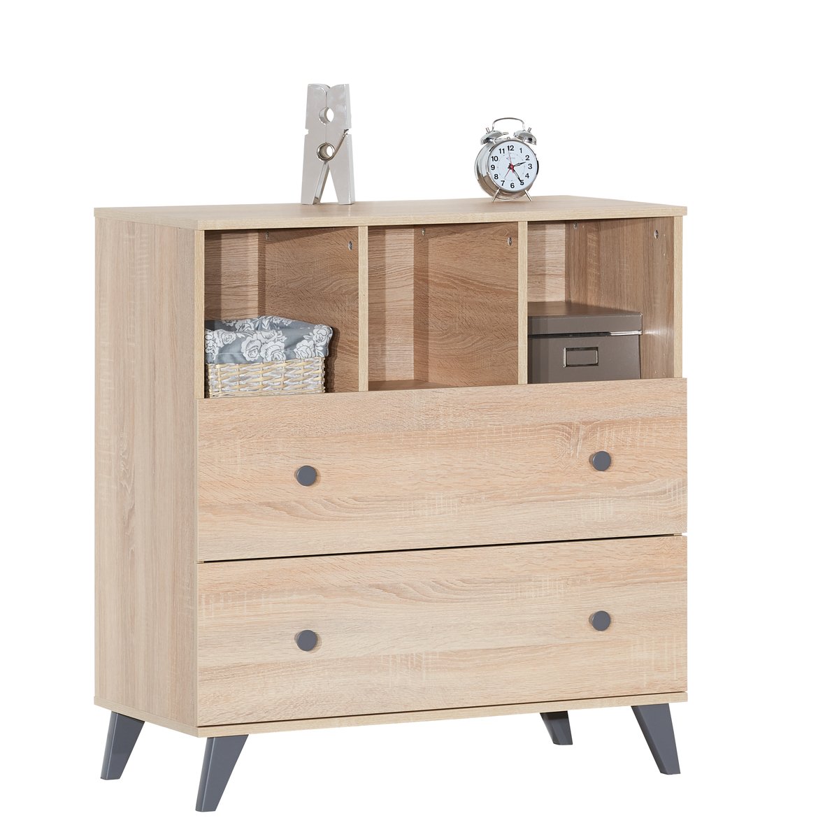Chambre bébé trio: Lit bébé 60x120, Commode à langer 2 tiroirs et armoire 2 portes décor bois chêne marron/gris, SAUTHON