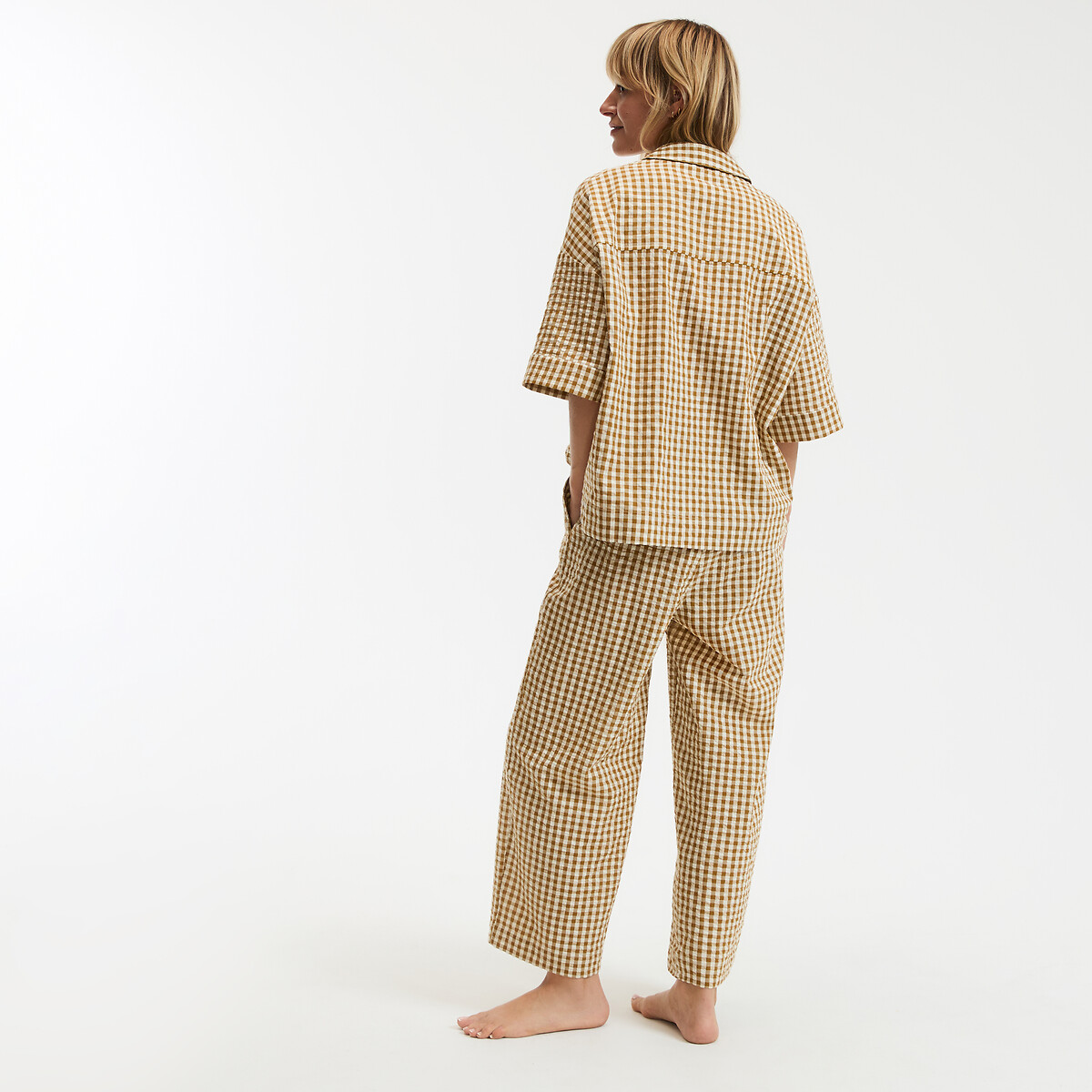 Pigiama seersucker a quadretti vichy tinto in filo, Signature AIMÉE cumino, LA REDOUTE COLLECTIONS