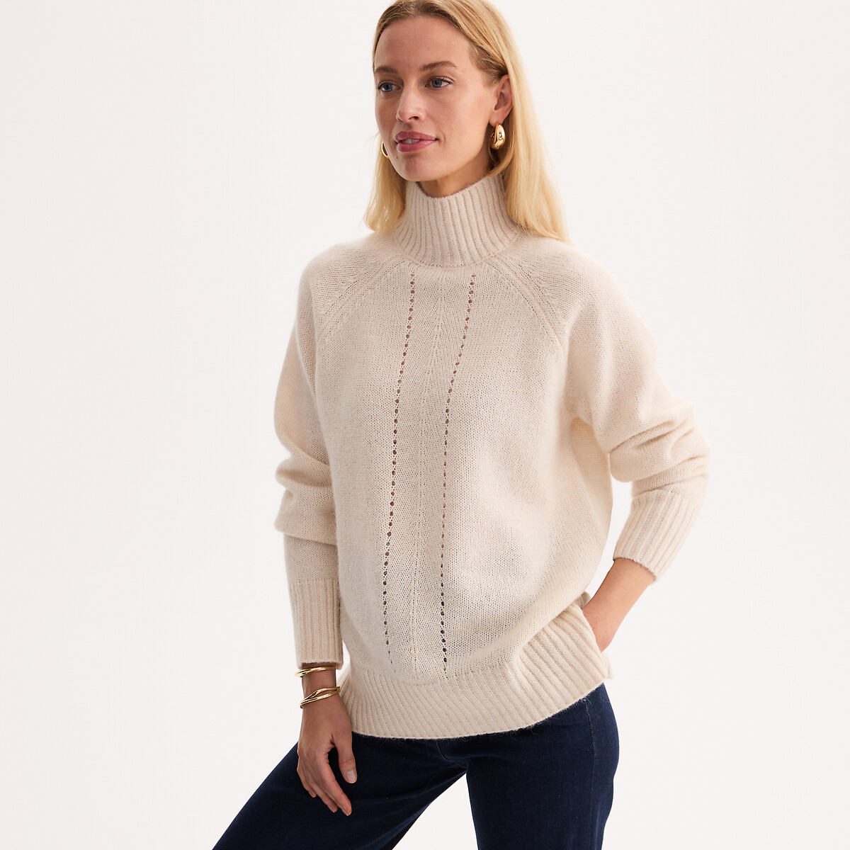 Pull col montant en grosse maille à détails ajourés ecru, ANNE WEYBURN