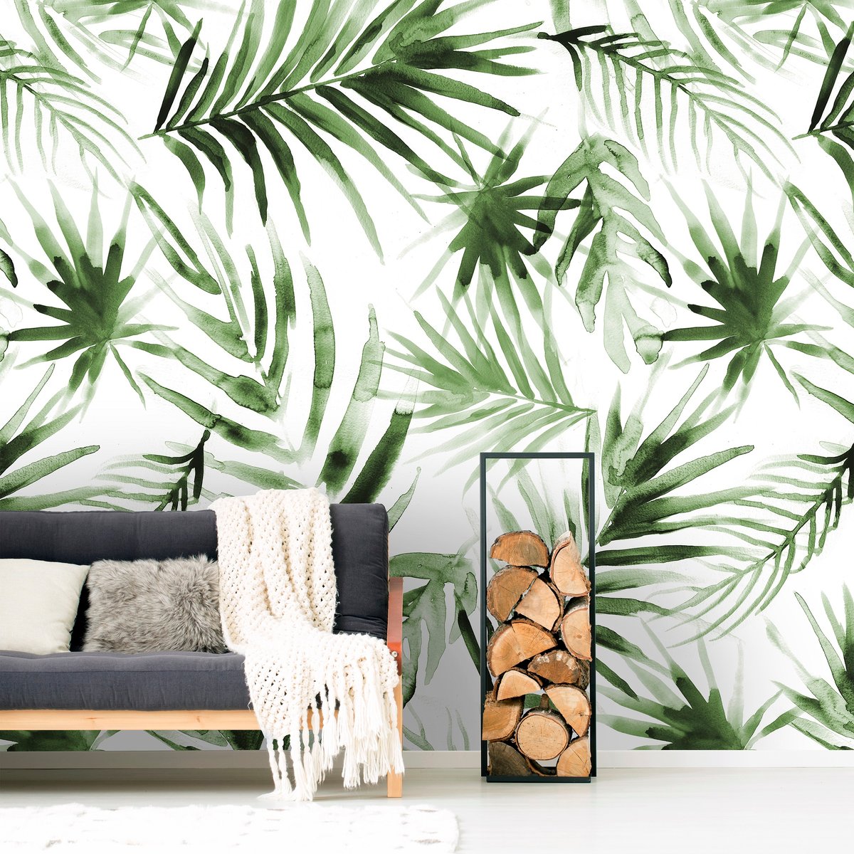 Papier peint panoramique Feuilles Aquarelle vert blanc, ART FOR THE HOME