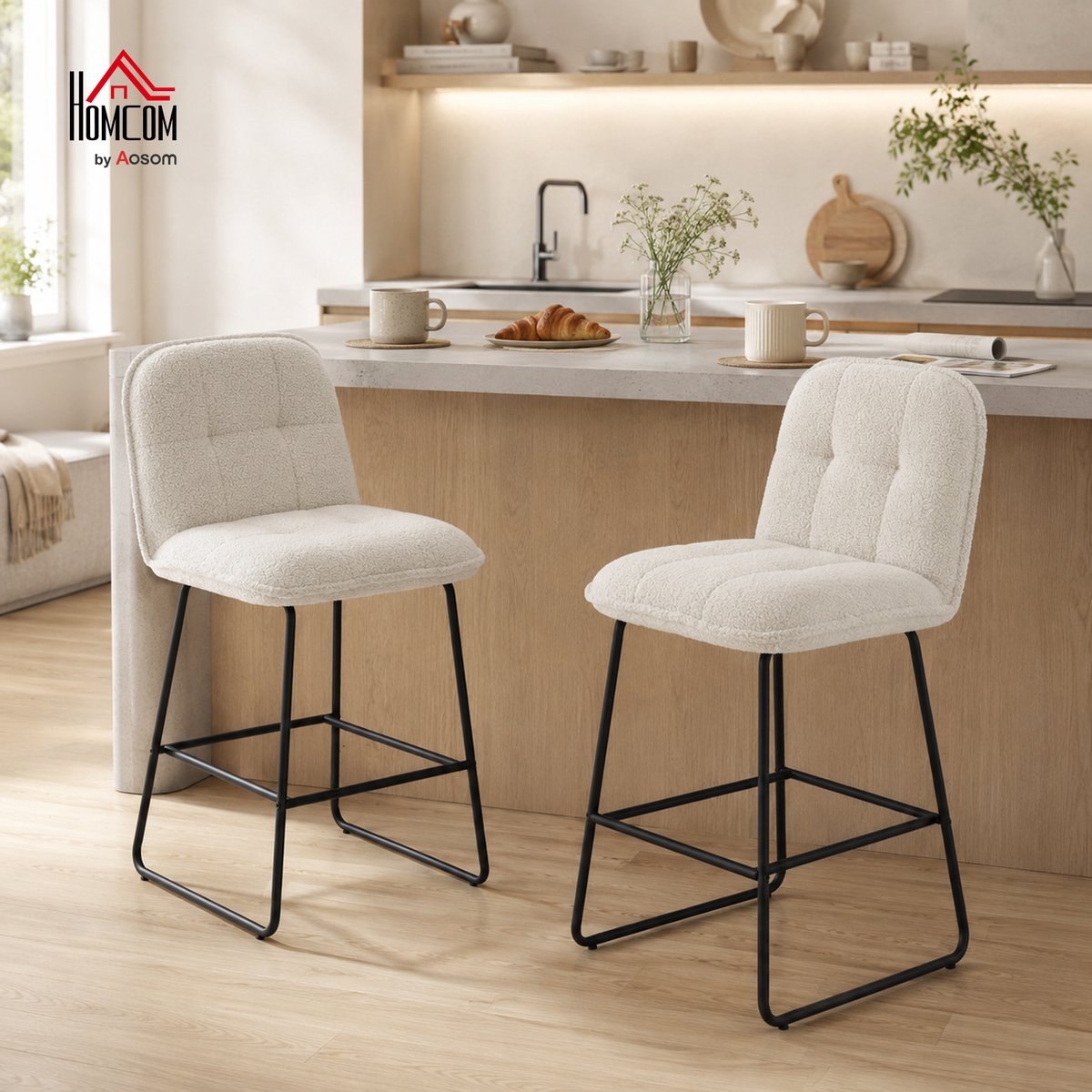 Tabouret de bar Tissu bouclette (100% crème, HOMCOM