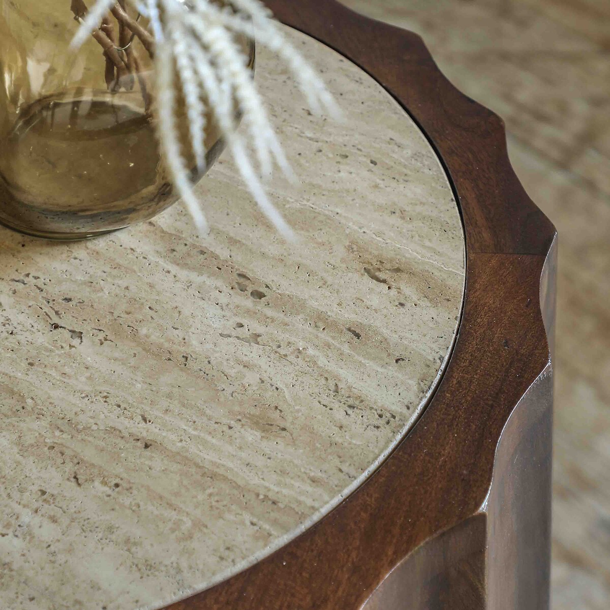 Cypress Travertine & Mango Wood Side Table dark wood, ÉDITÉ