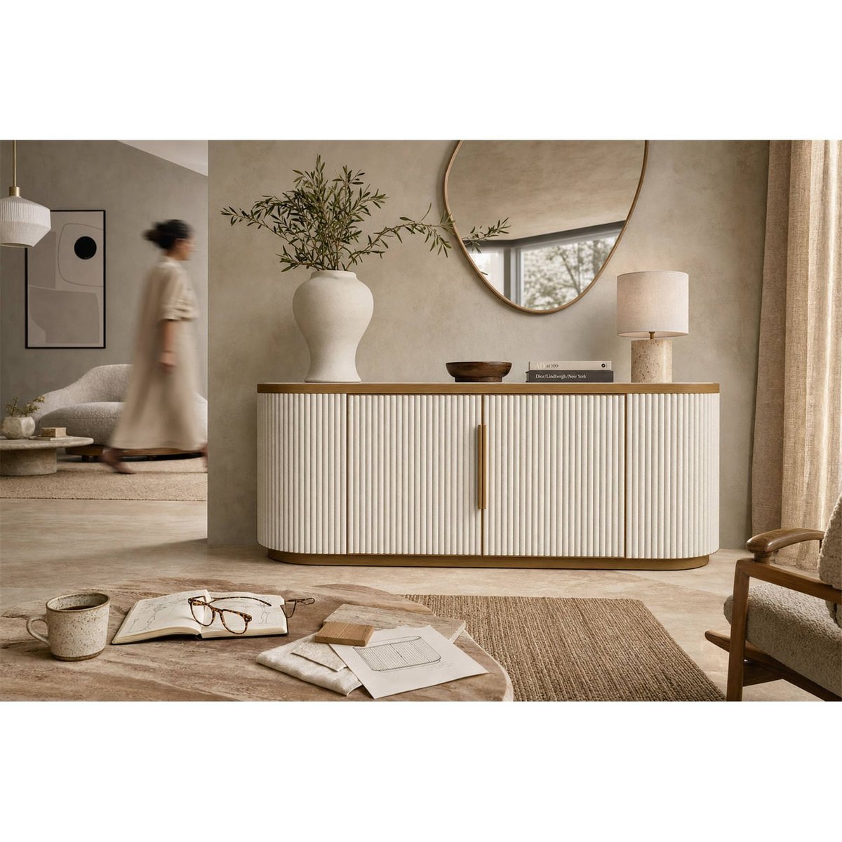 Buffet rainuré collection TIVOLI en céramique blanc avec détails bois clair, RECOLLECTION