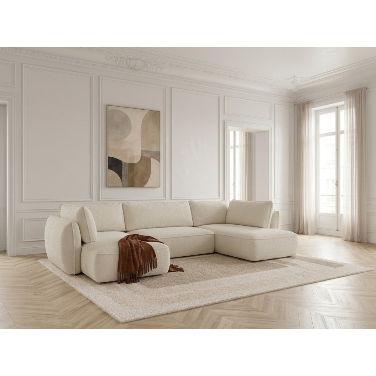 Canapé d'angle convertible 5 places en tissu chenille, ESMEE blanc, BOBOCHIC