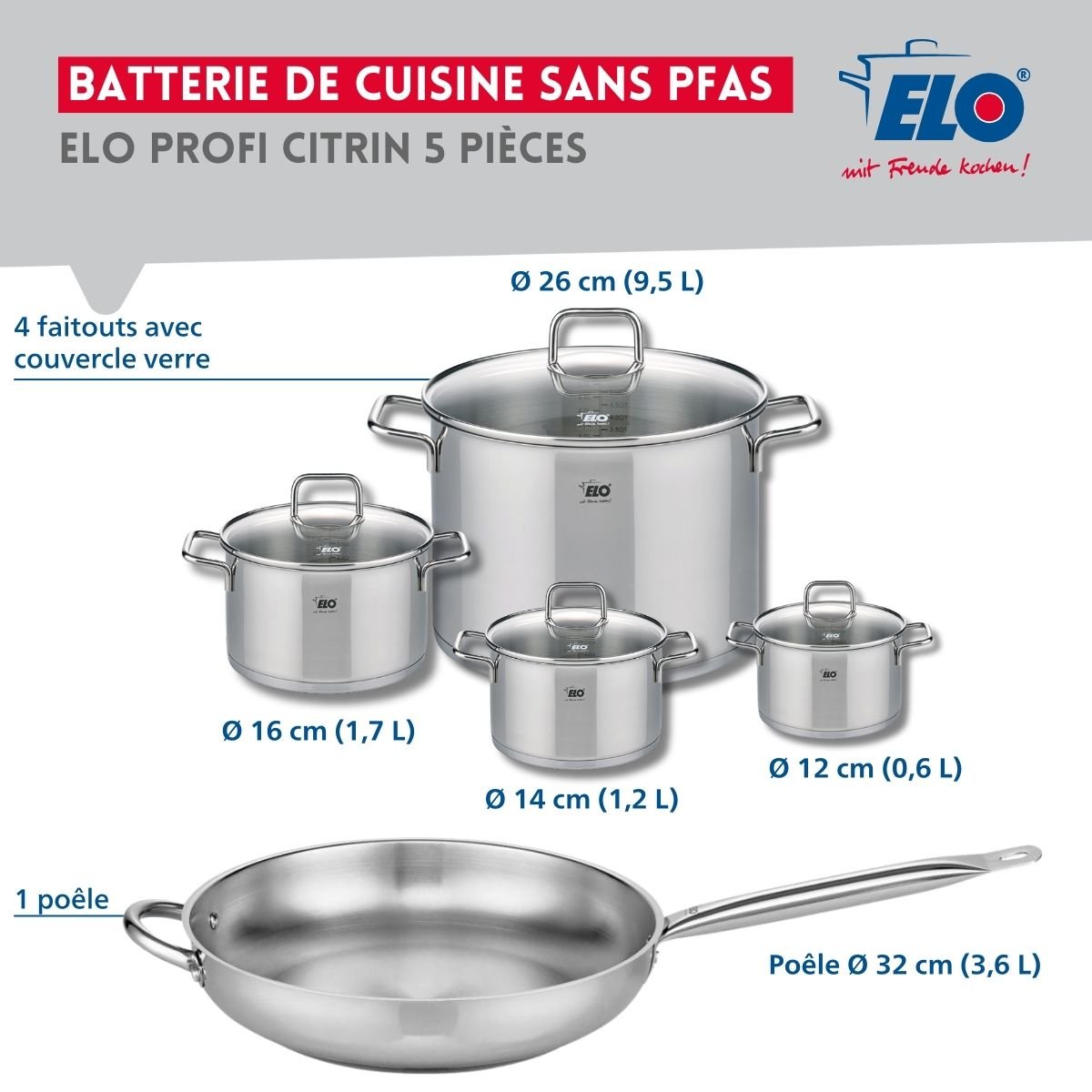Batterie 1 poêle 32cm + 4 faitouts 12/14/16/26cm PROFI CITRIN gris, ELO