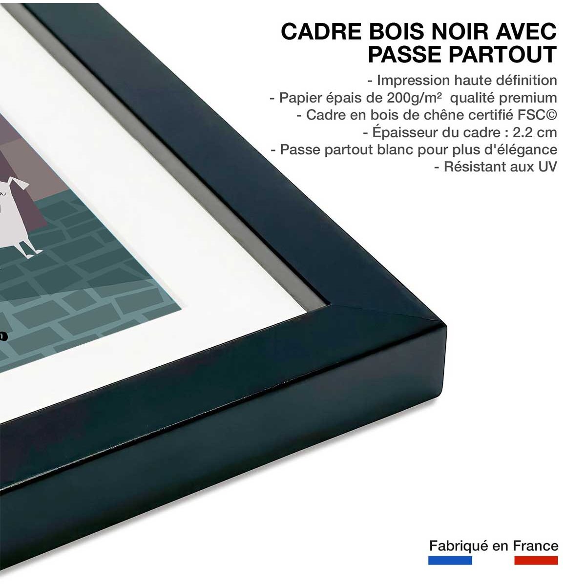 Poster retro manneken pis à bruxelles affiche + cadre en bois - noir, HEXOA