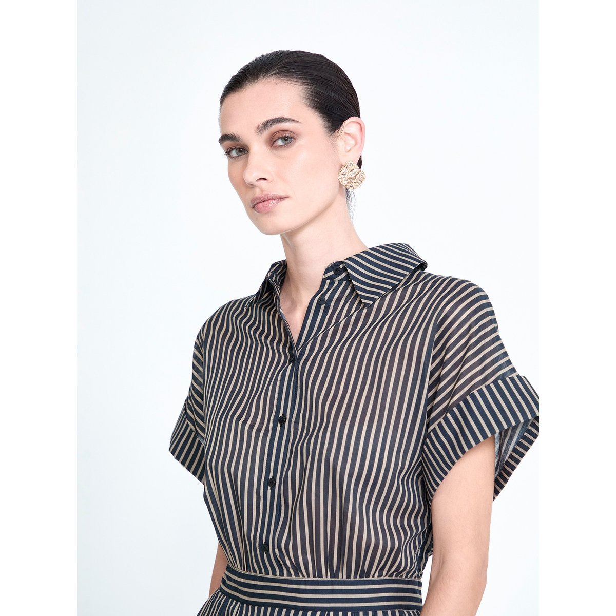Robe midi chemise rayée à manches courtes noir, LOLA CASADEMUNT