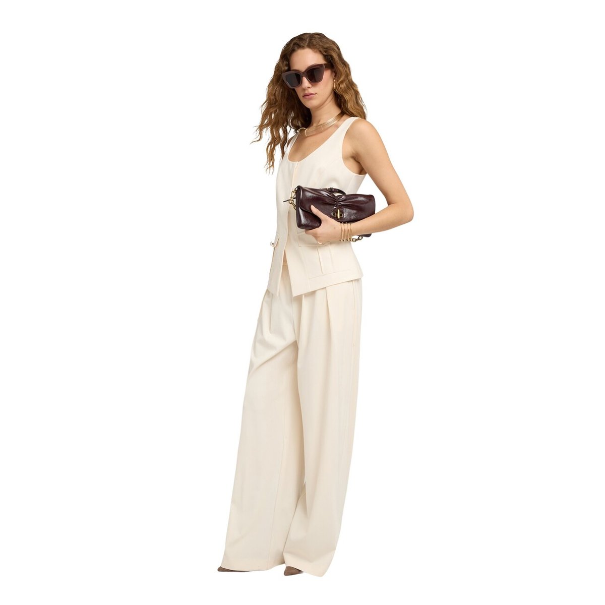 Pantalon palazzo taille haute avec pinces blanc, MOTIVI