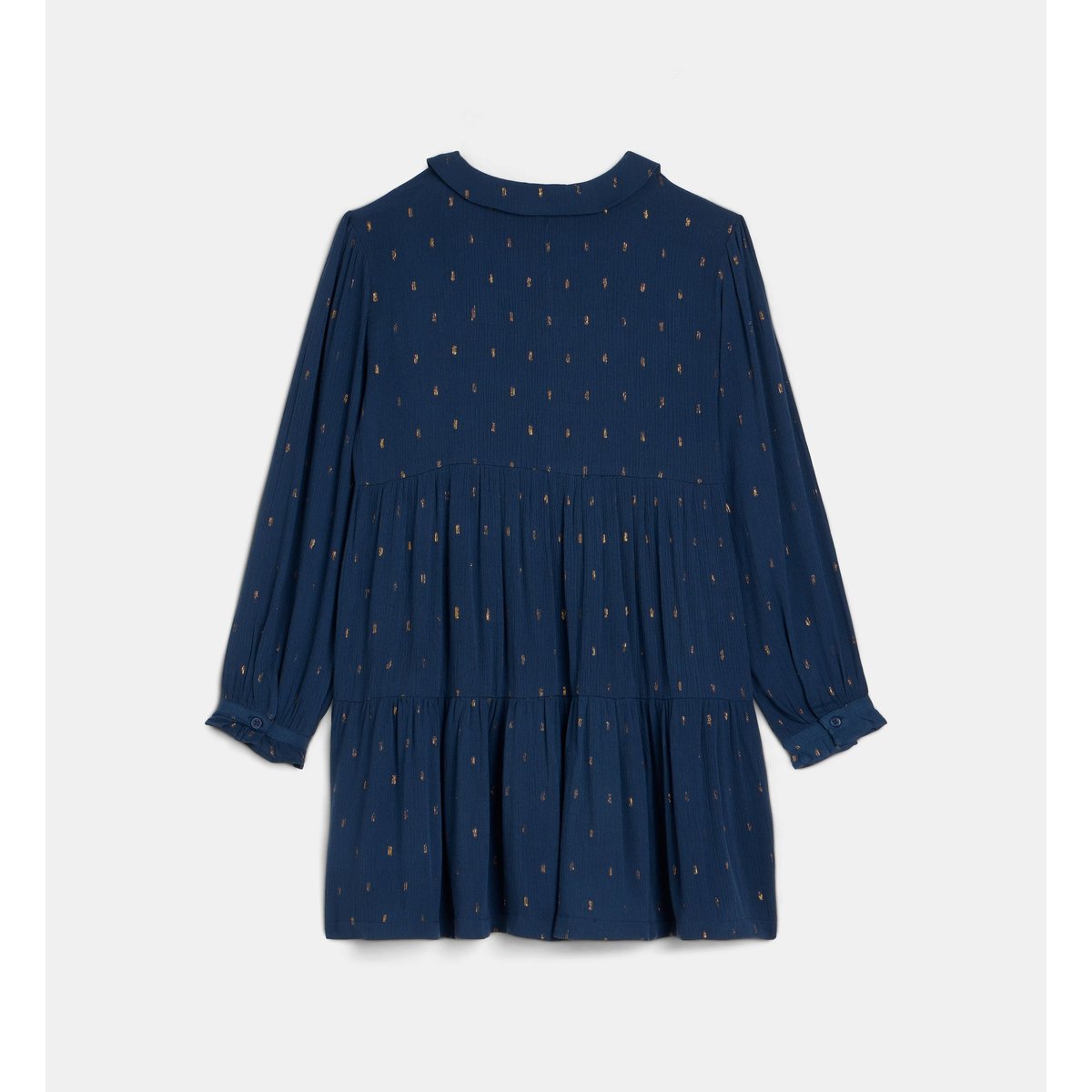 Robe vaurelia à col claudine et détails métallisés bleu et doré, CADET ROUSSELLE