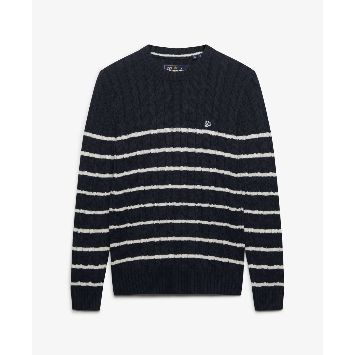 Pull en maille torsadée à rayures en coton rayé bleu marine/blanc, SUPERDRY