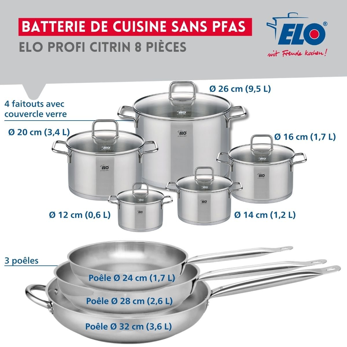 3 poêles 24/28/32cm + 5 faitouts 12/14/16/20/26cm PROFI CITRIN gris, ELO