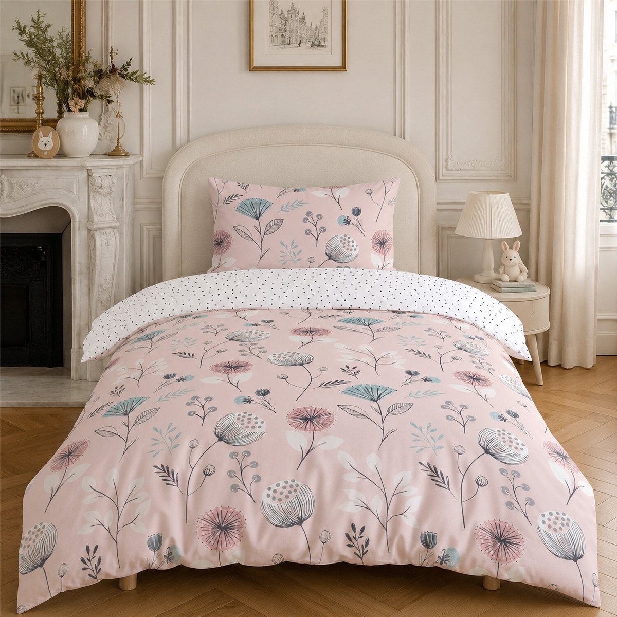 Parure housse de couette en coton floral rose, OLIA rose, C DESIGN HOME TEXTILE