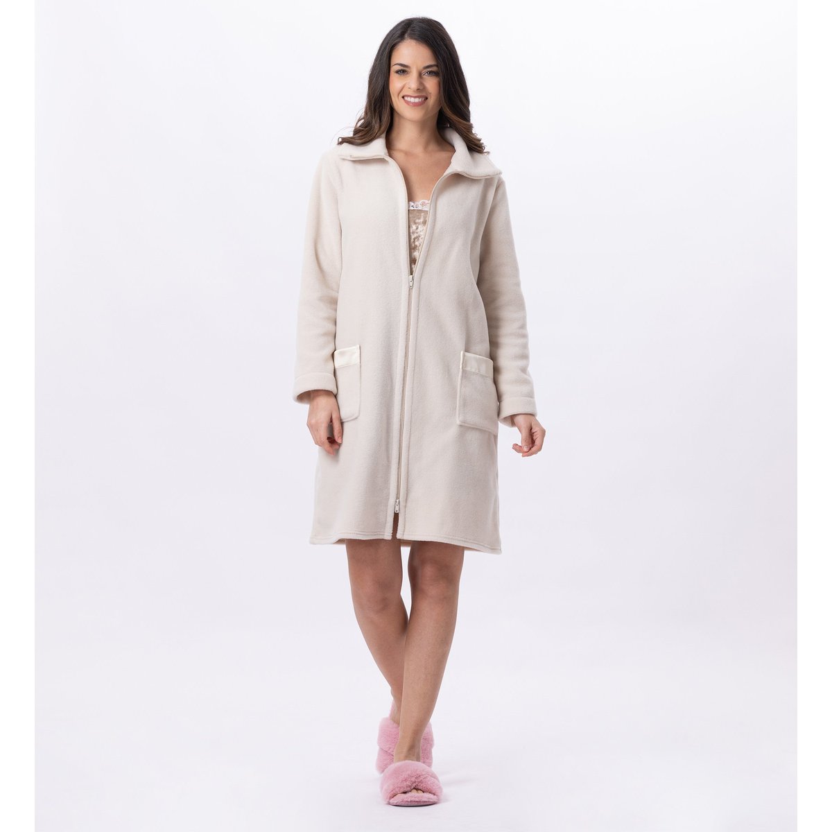 Robe de chambre zippée en polaire ESSENTIEL H54A rose, LE CHAT