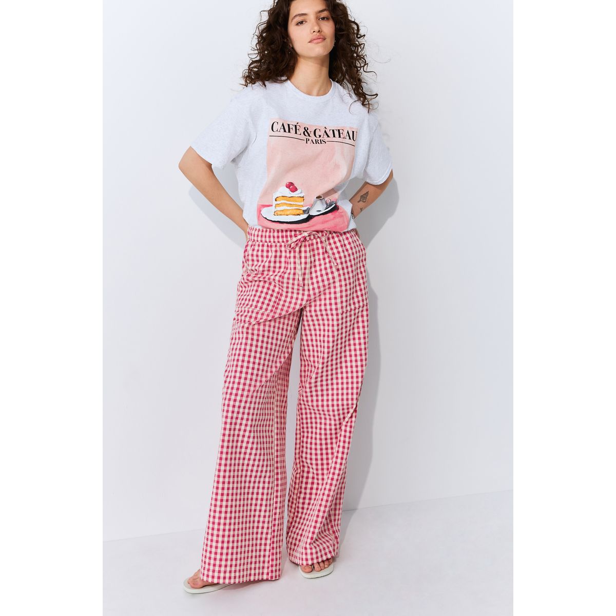 Pantalon large à enfiler en coton vichy rose, NEXT