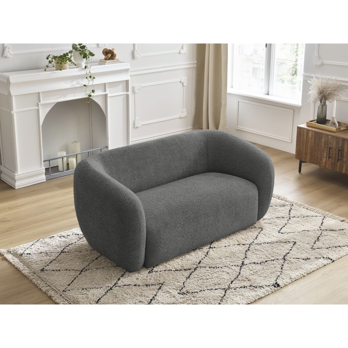 Canapé droit fixe 2 places en tissu bouclette, CELINE gris foncé, BOBOCHIC