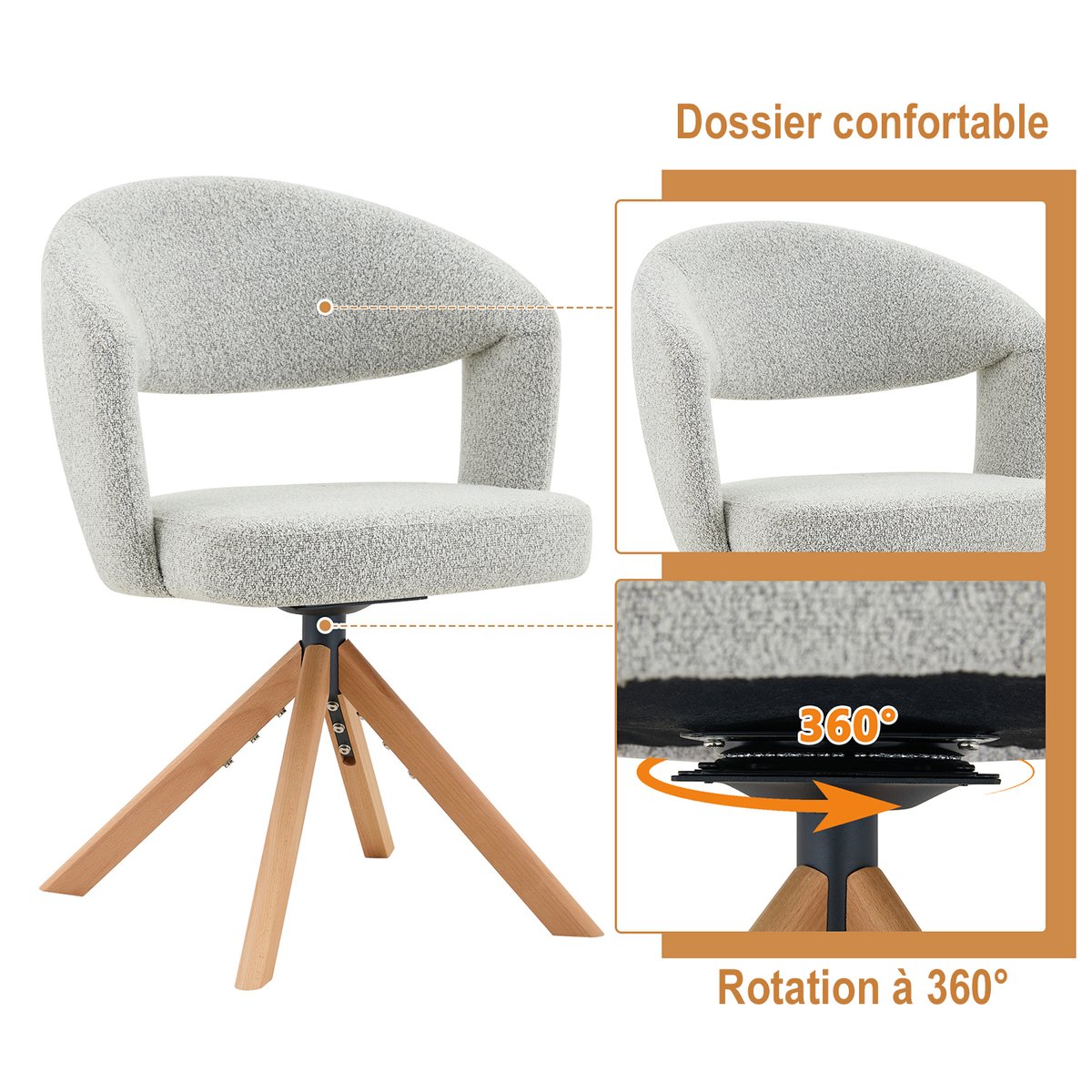 Lot de 6 fauteuils de salle à manger en chenille rotatif scandinave, CARMONDA chêne, MEUBLES COSY