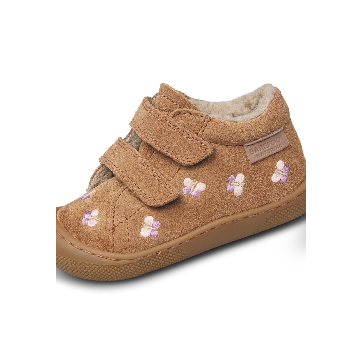 Chaussures premiers pas en suède BAREFOOT AMUR VL EMBR.BUTTERFLY marron-rose, NATURINO