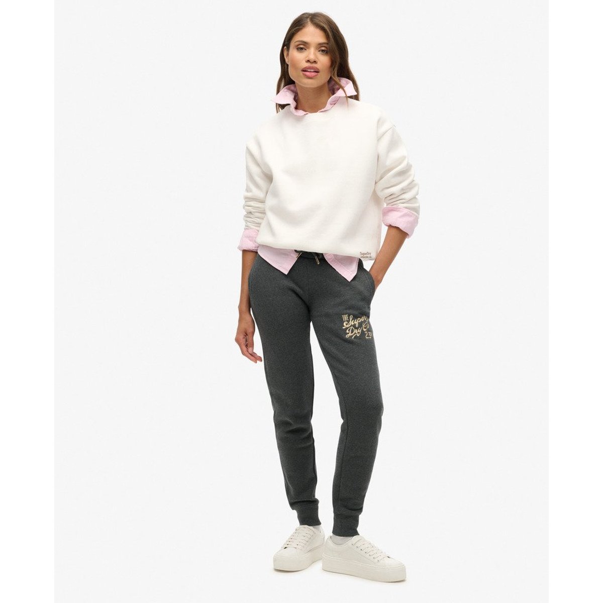 Pantalon de survêtement slim à logo métallisé Luxe presque noir chiné, SUPERDRY