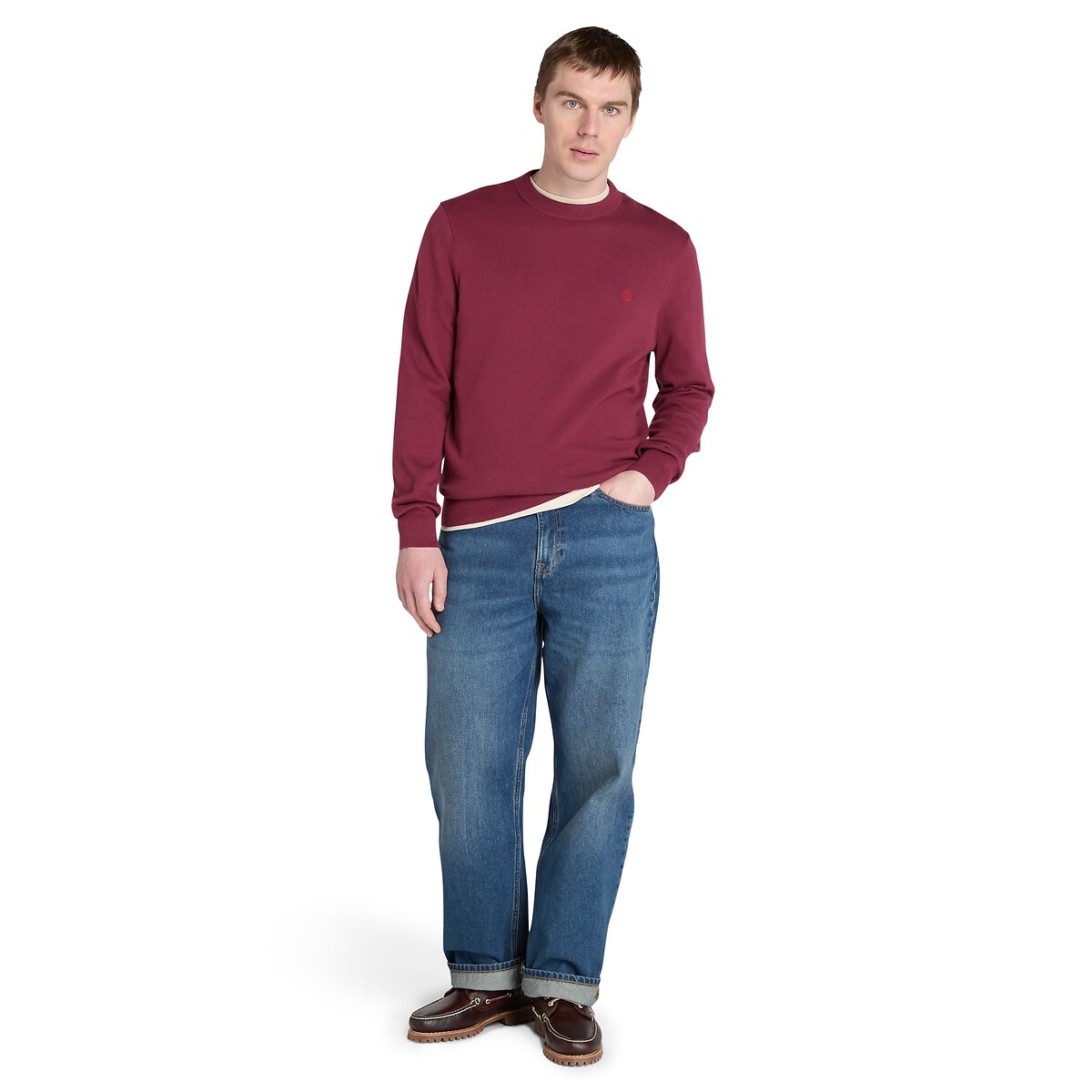 Pull girocollo in cotone regular rosso scuro, TIMBERLAND