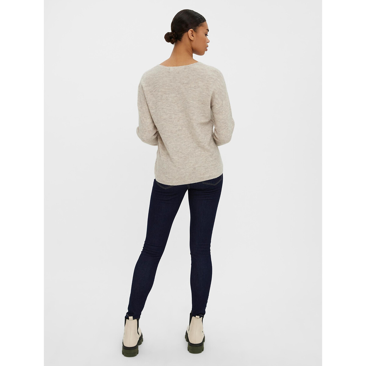 Pull scollo a V in morbida maglia ecru , VERO MODA