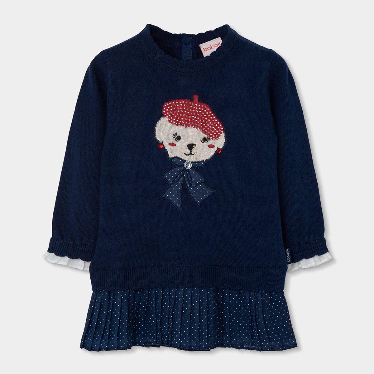Robe fille brodée d'ourson avec béret bleu, BOBOLI