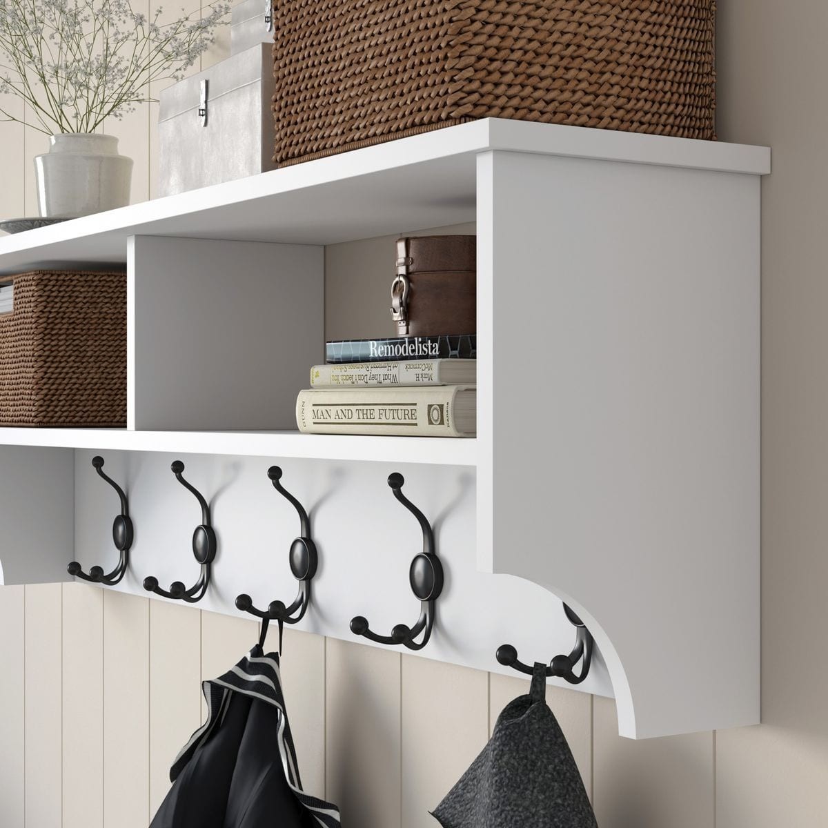 Etagère d'entrée murale avec niches et patères - TAREN blanc, HOMIFAB